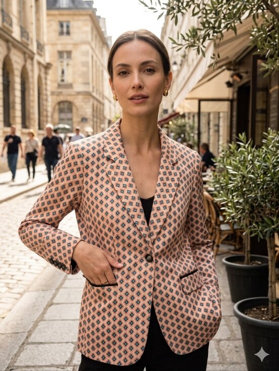 ESQUALO Jackets & Blazers - Esqualo Women's Tan Geometric Modern Print Structured Blazer Size Medium